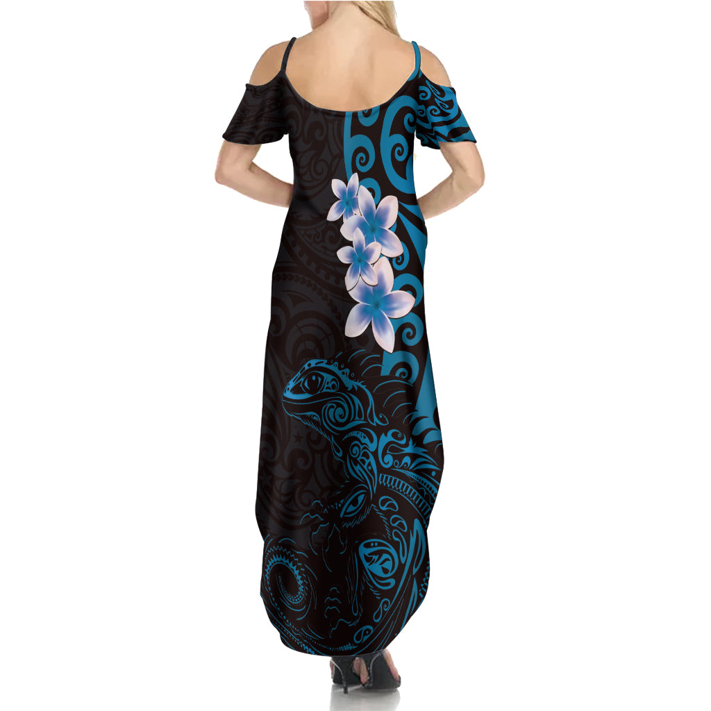 New Zealand Tuatara Plumeria Family Matching Summer Maxi Dress and Hawaiian Shirt Maori Blue Koru Tribal Tattoo LT01 - Polynesian Pride