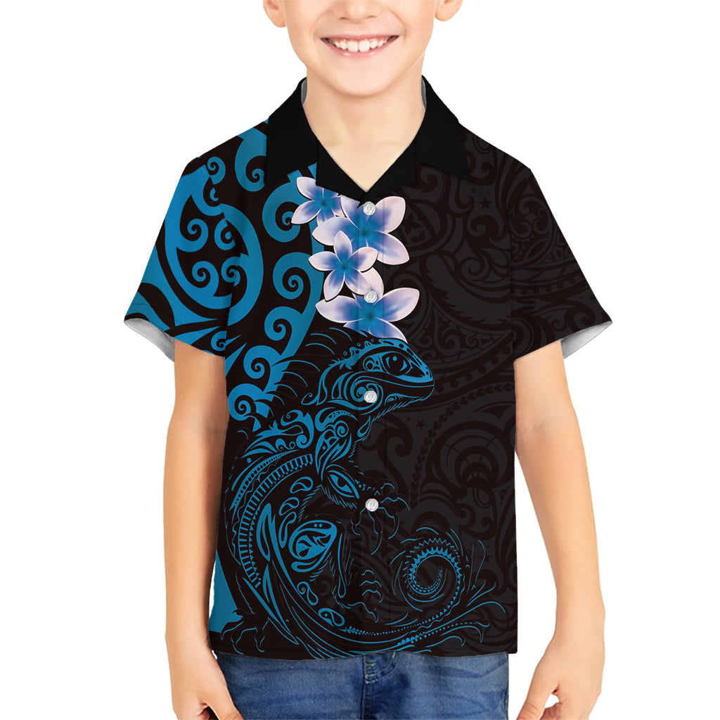 New Zealand Tuatara Plumeria Family Matching Summer Maxi Dress and Hawaiian Shirt Maori Blue Koru Tribal Tattoo LT01 Son's Shirt Blue - Polynesian Pride