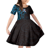 New Zealand Tuatara Plumeria Family Matching Tank Maxi Dress and Hawaiian Shirt Maori Blue Koru Tribal Tattoo LT01 Daughter's Dress Blue - Polynesian Pride