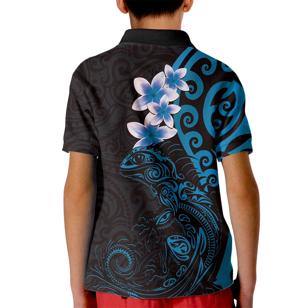 New Zealand Tuatara Plumeria Kid Polo Shirt Maori Blue Koru Tribal Tattoo