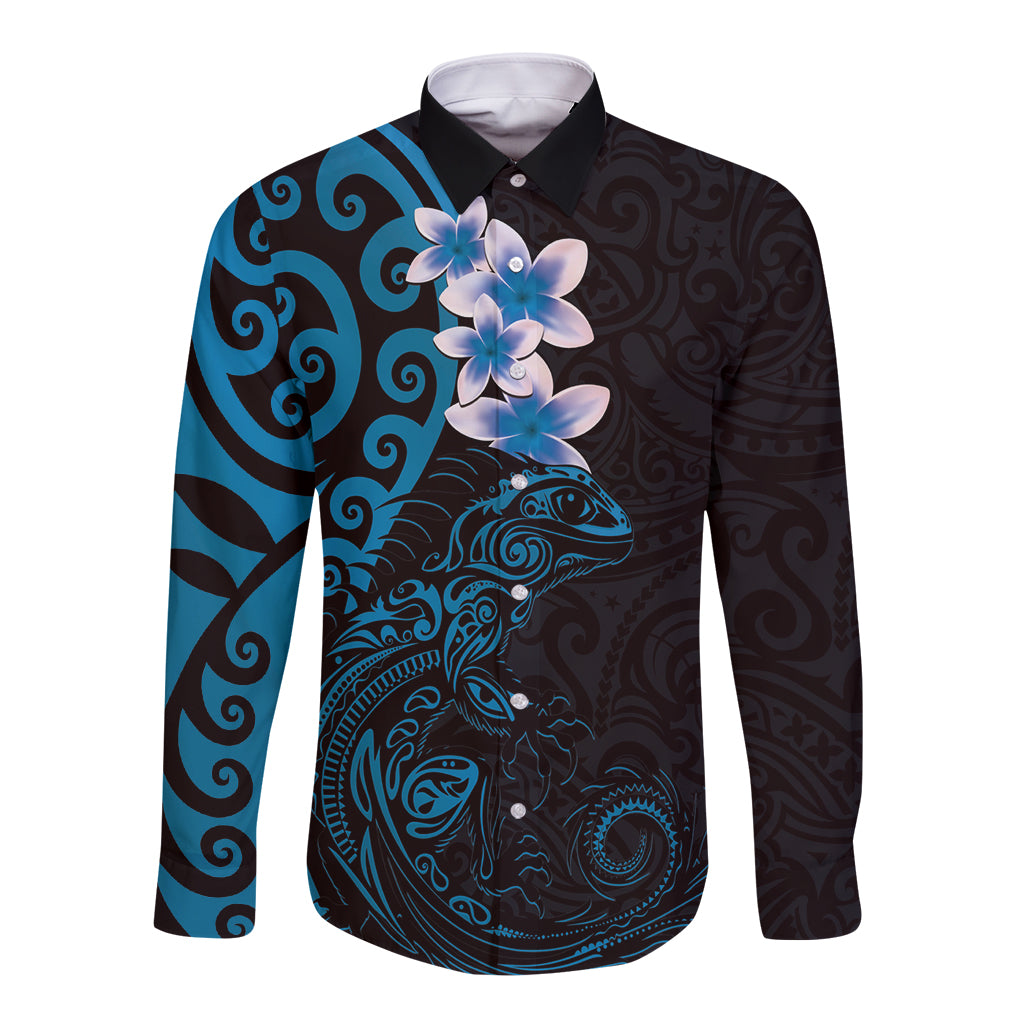 New Zealand Tuatara Plumeria Long Sleeve Button Shirt Maori Blue Koru Tribal Tattoo