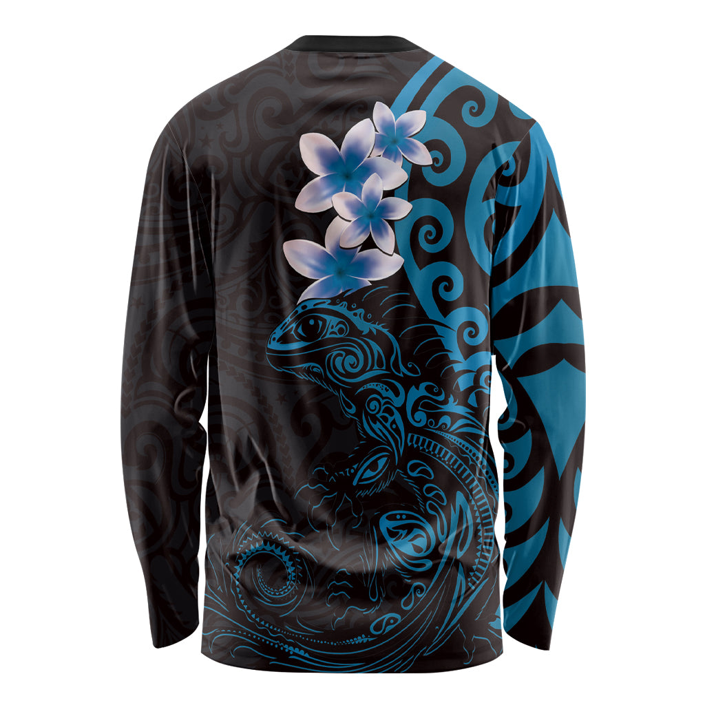 New Zealand Tuatara Plumeria Long Sleeve Shirt Maori Blue Koru Tribal Tattoo
