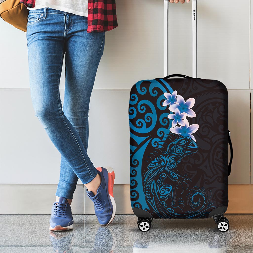 New Zealand Tuatara Plumeria Luggage Cover Maori Blue Koru Tribal Tattoo