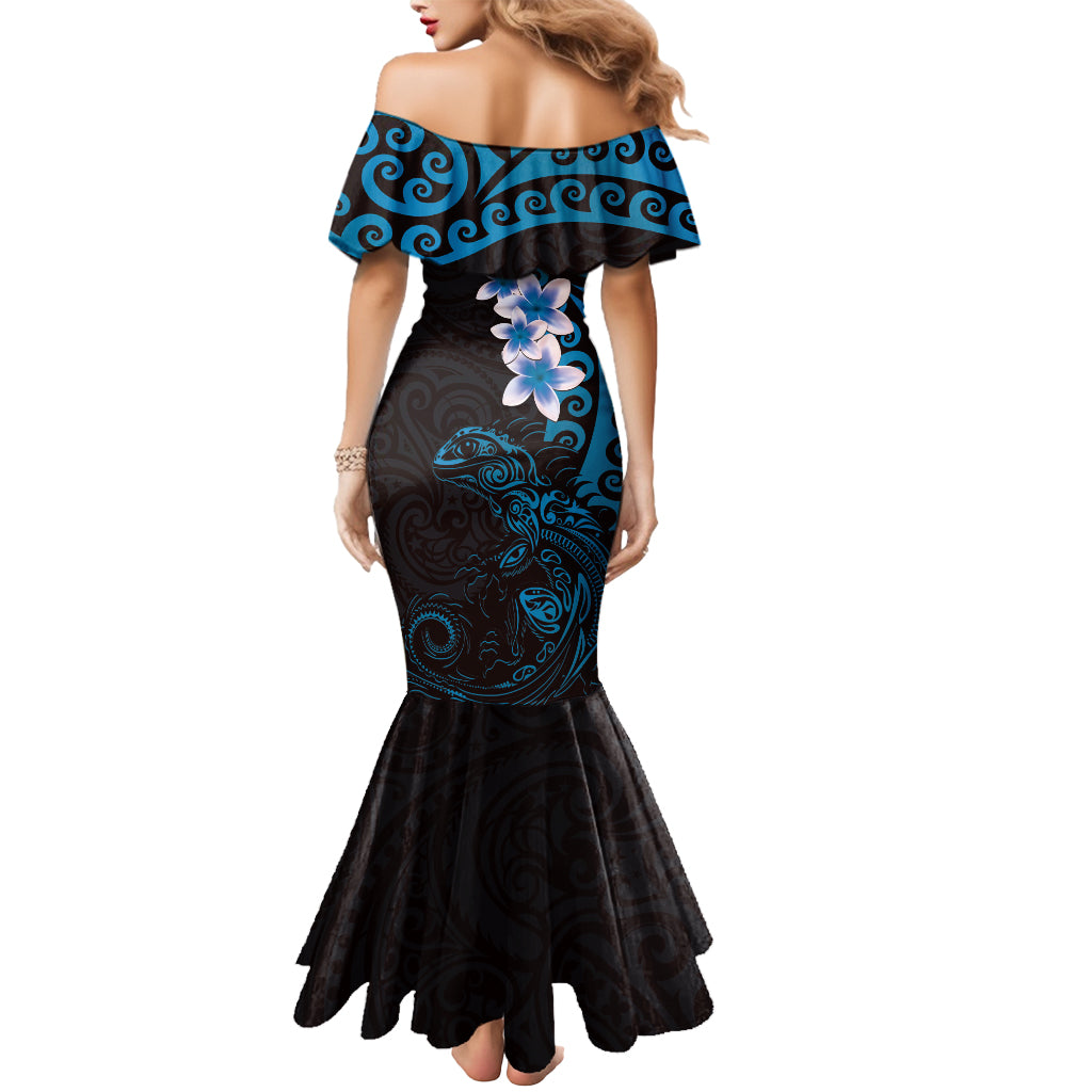 New Zealand Tuatara Plumeria Mermaid Dress Maori Blue Koru Tribal Tattoo