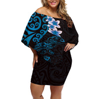 New Zealand Tuatara Plumeria Off Shoulder Short Dress Maori Blue Koru Tribal Tattoo