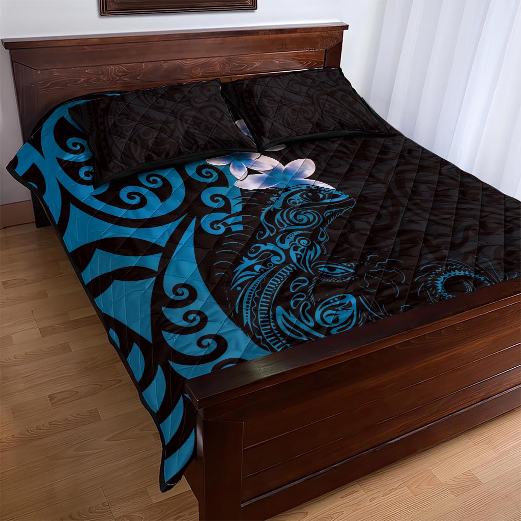 New Zealand Tuatara Plumeria Quilt Bed Set Maori Blue Koru Tribal Tattoo