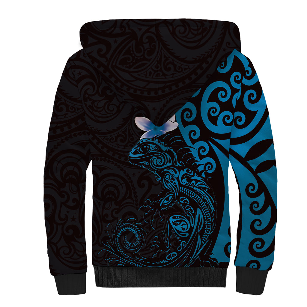 New Zealand Tuatara Plumeria Sherpa Hoodie Maori Blue Koru Tribal Tattoo