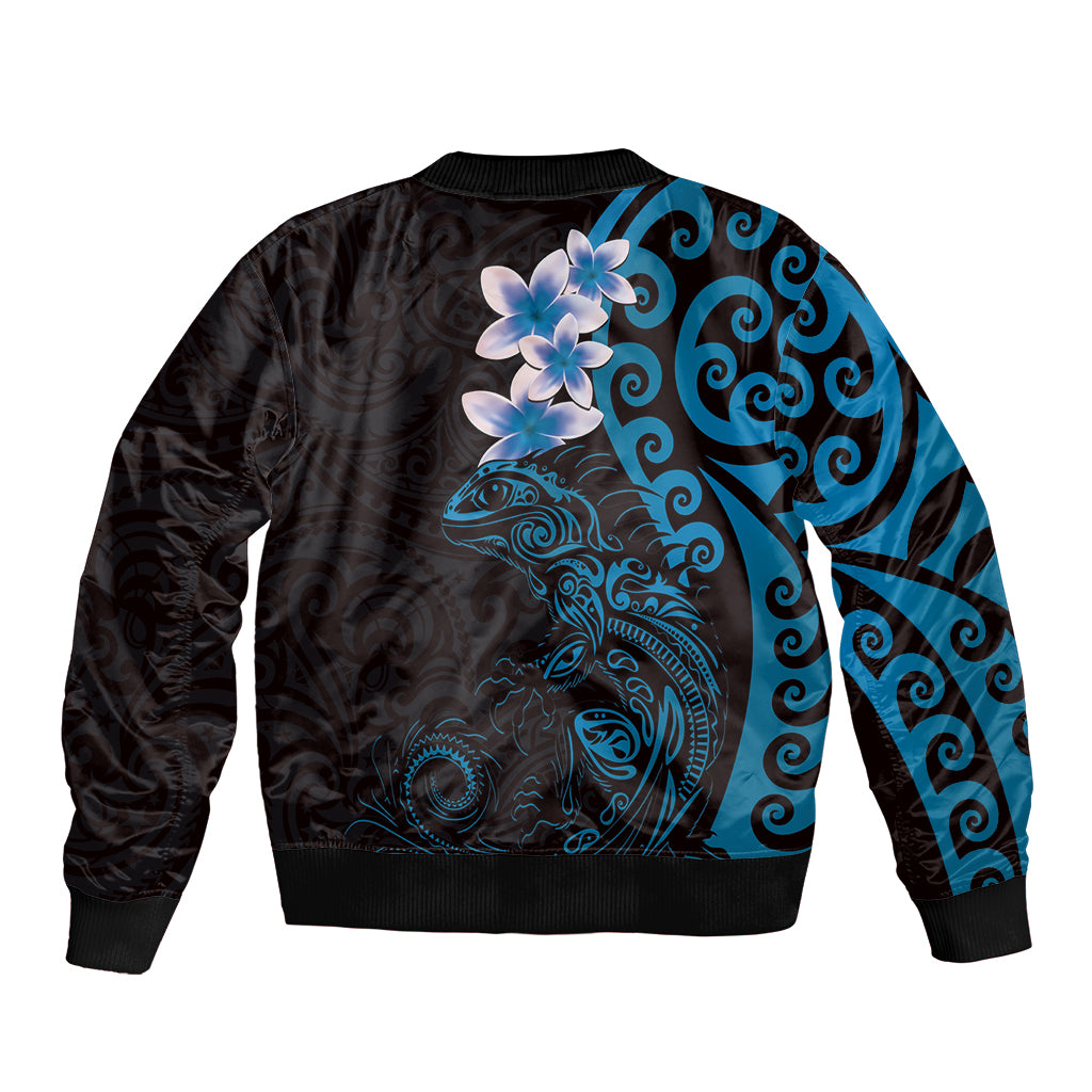 New Zealand Tuatara Plumeria Sleeve Zip Bomber Jacket Maori Blue Koru Tribal Tattoo