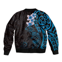 New Zealand Tuatara Plumeria Sleeve Zip Bomber Jacket Maori Blue Koru Tribal Tattoo
