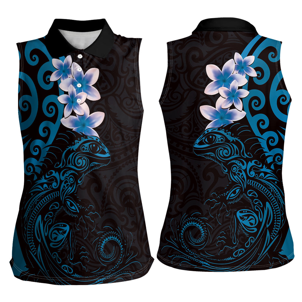 New Zealand Tuatara Plumeria Women Sleeveless Polo Shirt Maori Blue Koru Tribal Tattoo