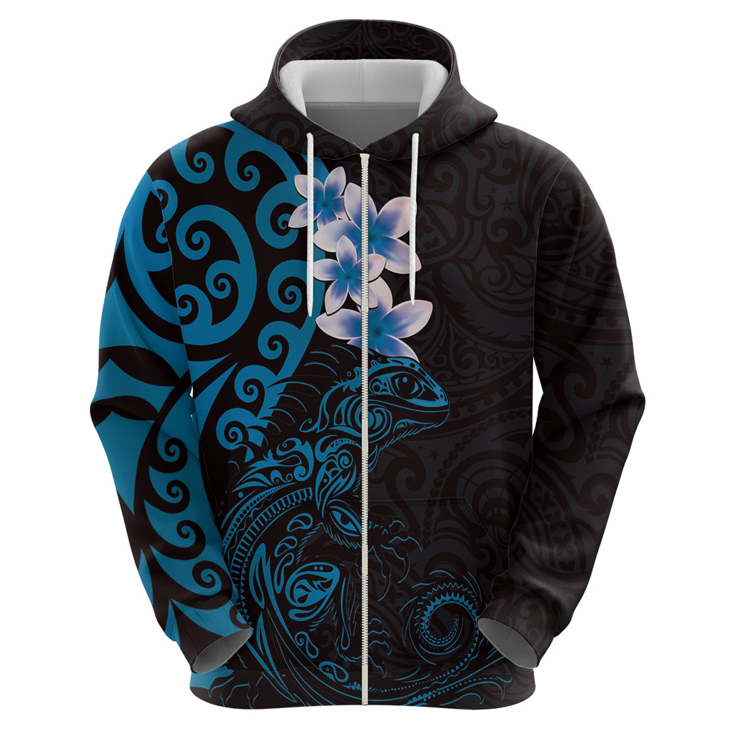 New Zealand Tuatara Plumeria Zip Hoodie Maori Blue Koru Tribal Tattoo