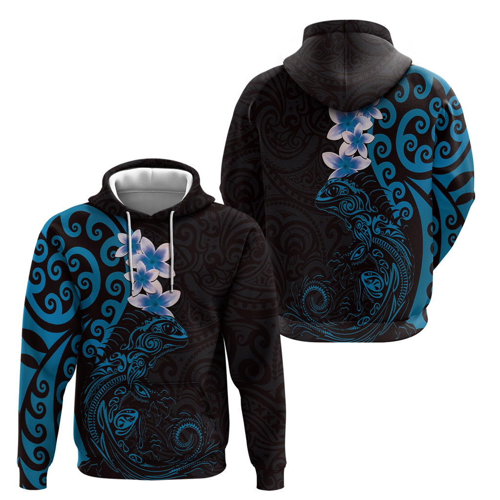 New Zealand Tuatara Plumeria Zip Hoodie Maori Blue Koru Tribal Tattoo