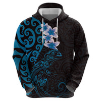 New Zealand Tuatara Plumeria Zip Hoodie Maori Blue Koru Tribal Tattoo