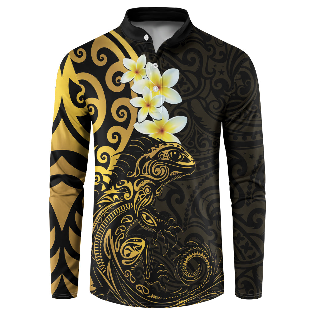 New Zealand Tuatara Plumeria Button Sweatshirt Maori Gold Koru Tribal Tattoo LT01 Gold - Polynesian Pride
