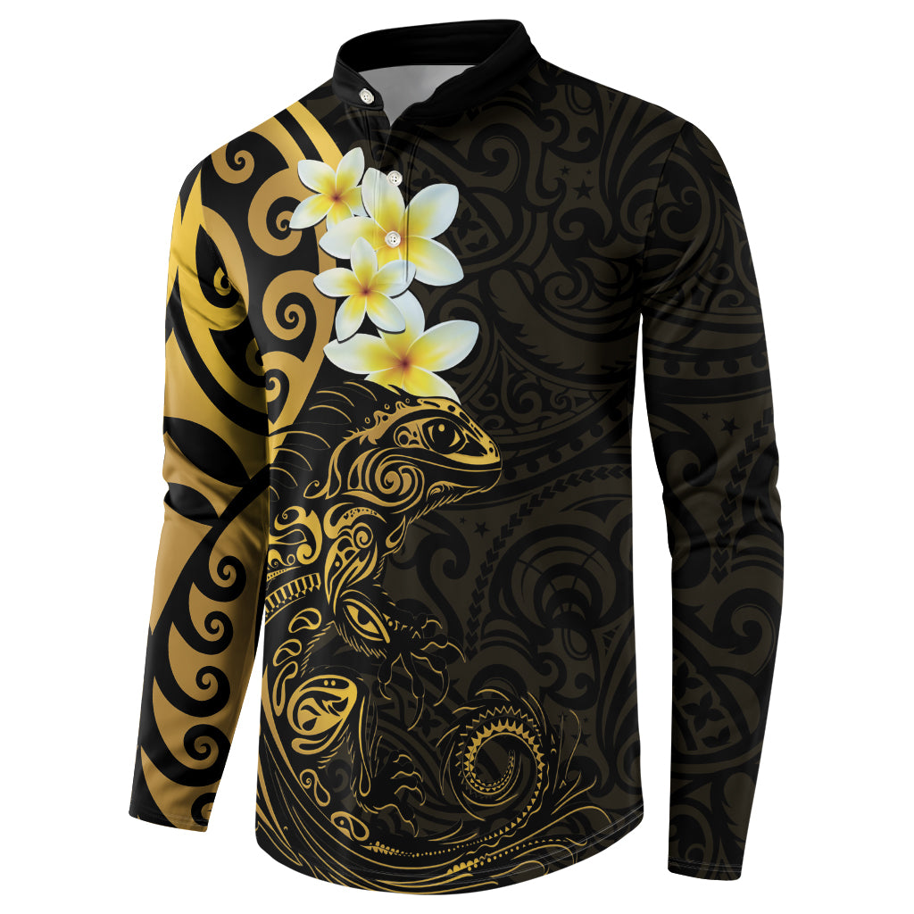 New Zealand Tuatara Plumeria Button Sweatshirt Maori Gold Koru Tribal Tattoo LT01 - Polynesian Pride