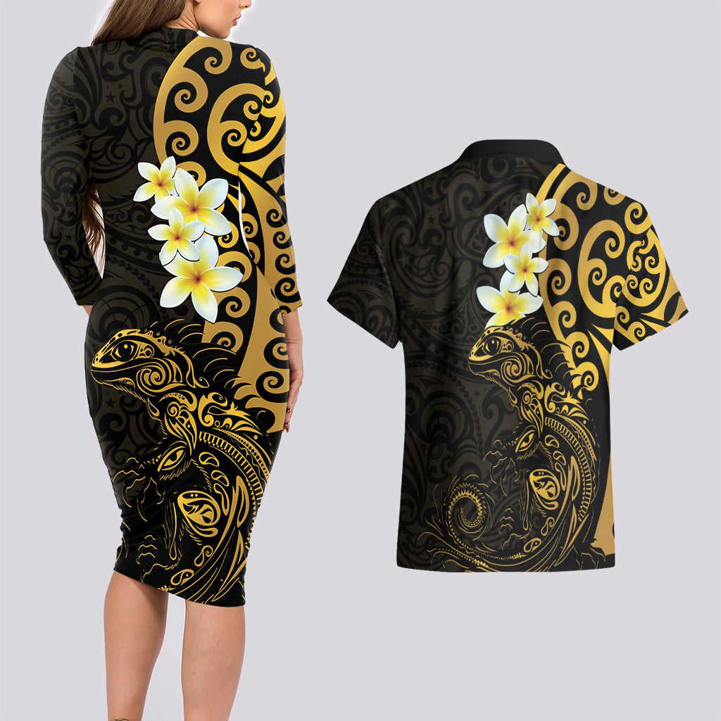 New Zealand Tuatara Plumeria Couples Matching Long Sleeve Bodycon Dress and Hawaiian Shirt Maori Gold Koru Tribal Tattoo