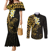 New Zealand Tuatara Plumeria Couples Matching Mermaid Dress and Long Sleeve Button Shirt Maori Gold Koru Tribal Tattoo LT01 Gold - Polynesian Pride