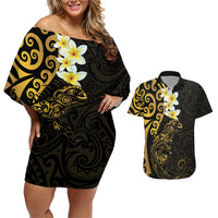 New Zealand Tuatara Plumeria Couples Matching Off Shoulder Short Dress and Hawaiian Shirt Maori Gold Koru Tribal Tattoo LT01 Gold - Polynesian Pride