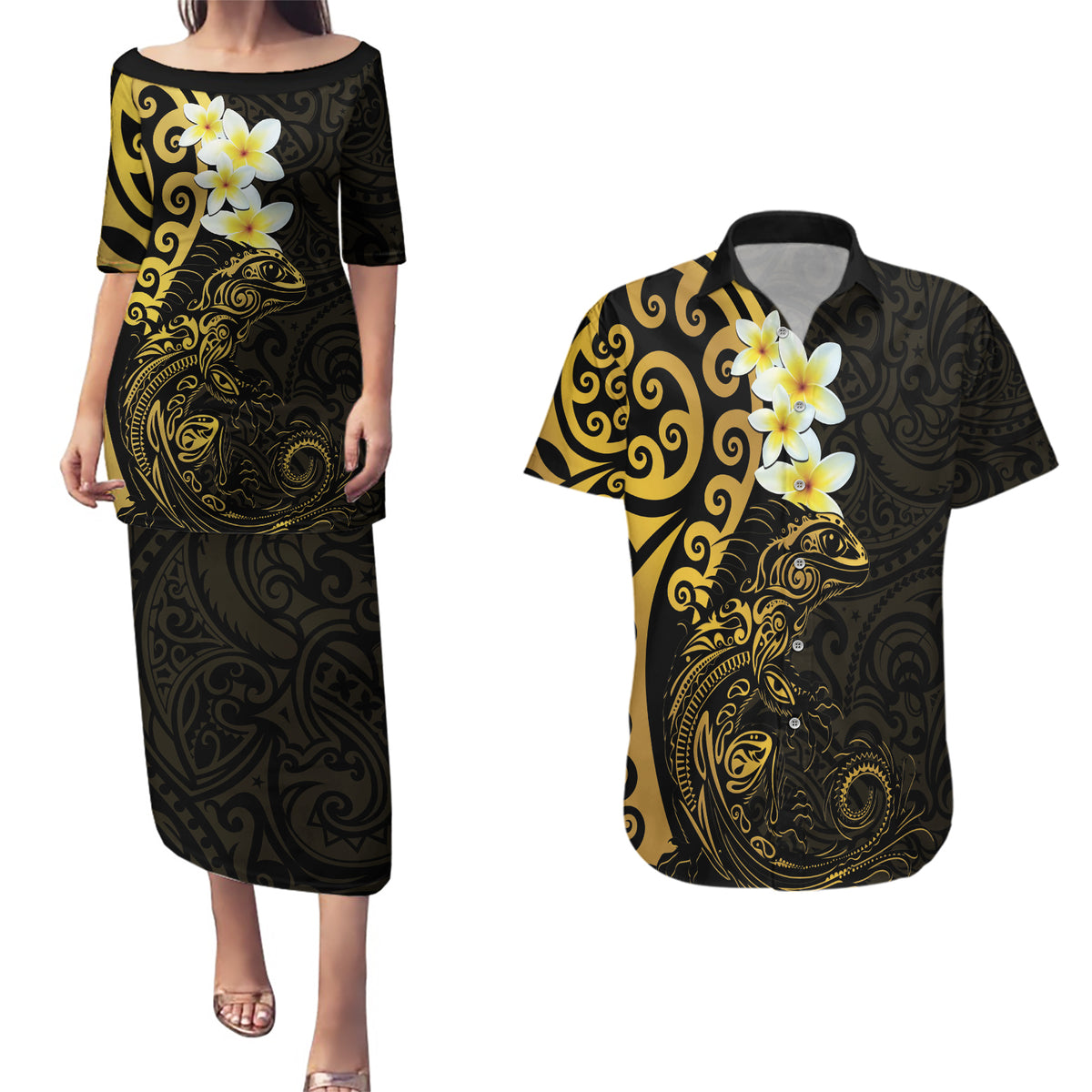 New Zealand Tuatara Plumeria Couples Matching Puletasi and Hawaiian Shirt Maori Gold Koru Tribal Tattoo LT01 Gold - Polynesian Pride