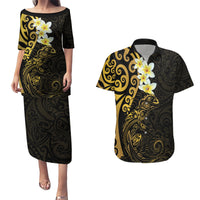 New Zealand Tuatara Plumeria Couples Matching Puletasi and Hawaiian Shirt Maori Gold Koru Tribal Tattoo LT01 Gold - Polynesian Pride
