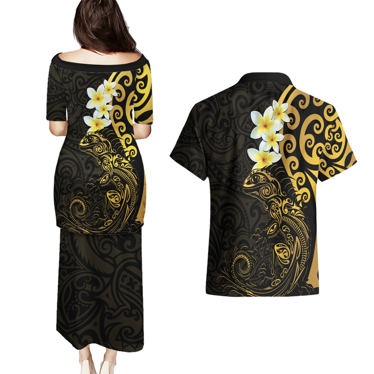 New Zealand Tuatara Plumeria Couples Matching Puletasi and Hawaiian Shirt Maori Gold Koru Tribal Tattoo LT01 - Polynesian Pride