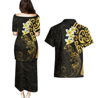 New Zealand Tuatara Plumeria Couples Matching Puletasi and Hawaiian Shirt Maori Gold Koru Tribal Tattoo LT01 - Polynesian Pride