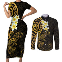 New Zealand Tuatara Plumeria Couples Matching Short Sleeve Bodycon Dress and Long Sleeve Button Shirt Maori Gold Koru Tribal Tattoo LT01 Gold - Polynesian Pride