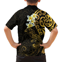 New Zealand Tuatara Plumeria Family Matching Long Sleeve Bodycon Dress and Hawaiian Shirt Maori Gold Koru Tribal Tattoo