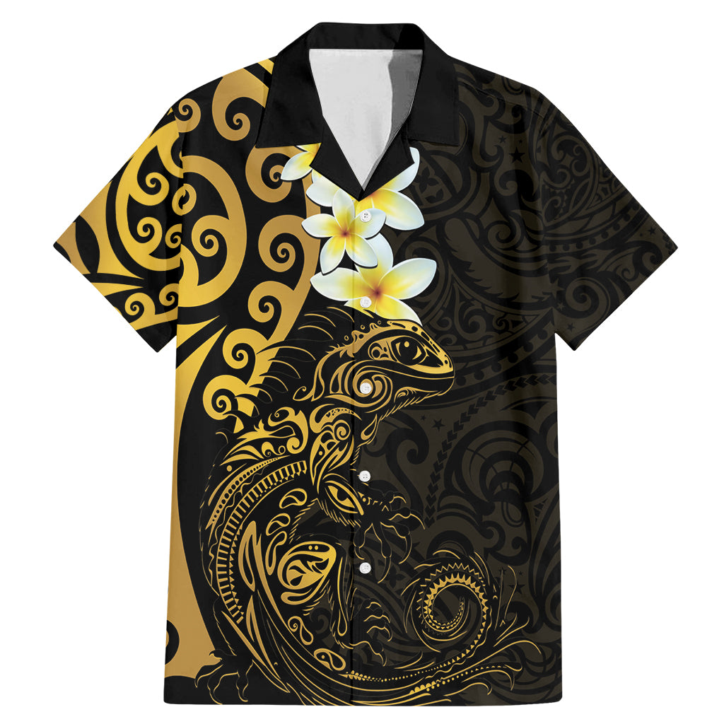 New Zealand Tuatara Plumeria Family Matching Mermaid Dress and Hawaiian Shirt Maori Gold Koru Tribal Tattoo LT01 Dad's Shirt - Short Sleeve Gold - Polynesian Pride