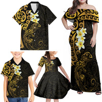 New Zealand Tuatara Plumeria Family Matching Off Shoulder Maxi Dress and Hawaiian Shirt Maori Gold Koru Tribal Tattoo LT01 - Polynesian Pride