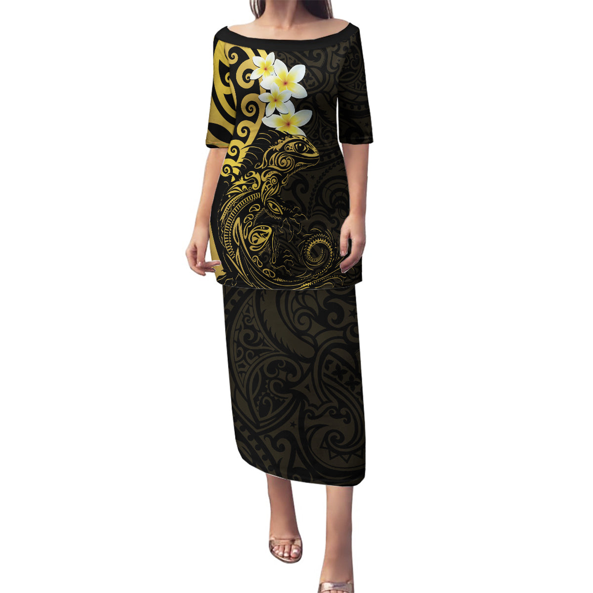 New Zealand Tuatara Plumeria Family Matching Puletasi and Hawaiian Shirt Maori Gold Koru Tribal Tattoo LT01 Mom's Dress Gold - Polynesian Pride
