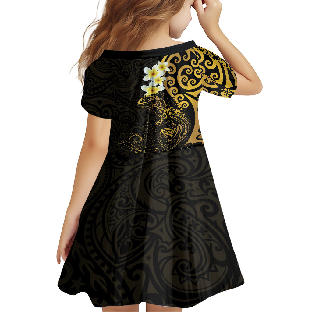 New Zealand Tuatara Plumeria Family Matching Short Sleeve Bodycon Dress and Hawaiian Shirt Maori Gold Koru Tribal Tattoo LT01 - Polynesian Pride