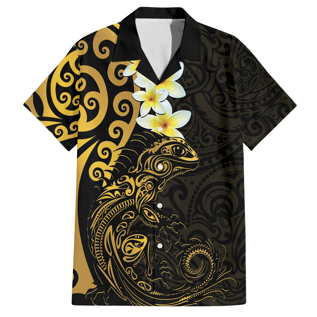 New Zealand Tuatara Plumeria Family Matching Short Sleeve Bodycon Dress and Hawaiian Shirt Maori Gold Koru Tribal Tattoo LT01 Dad's Shirt - Short Sleeve Gold - Polynesian Pride