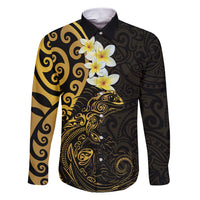 New Zealand Tuatara Plumeria Family Matching Short Sleeve Bodycon Dress and Hawaiian Shirt Maori Gold Koru Tribal Tattoo LT01 Dad's Shirt - Long Sleeve Gold - Polynesian Pride