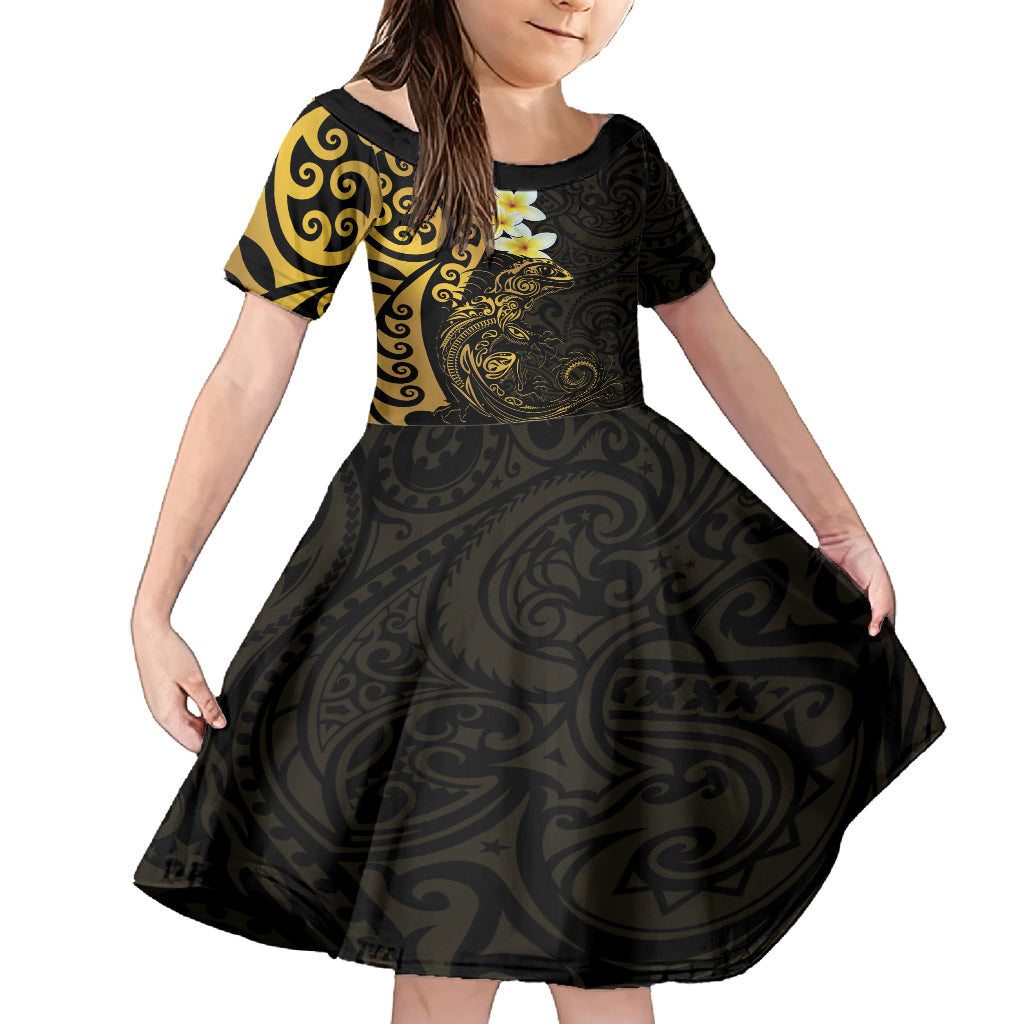 New Zealand Tuatara Plumeria Family Matching Summer Maxi Dress and Hawaiian Shirt Maori Gold Koru Tribal Tattoo LT01 Daughter's Dress Gold - Polynesian Pride