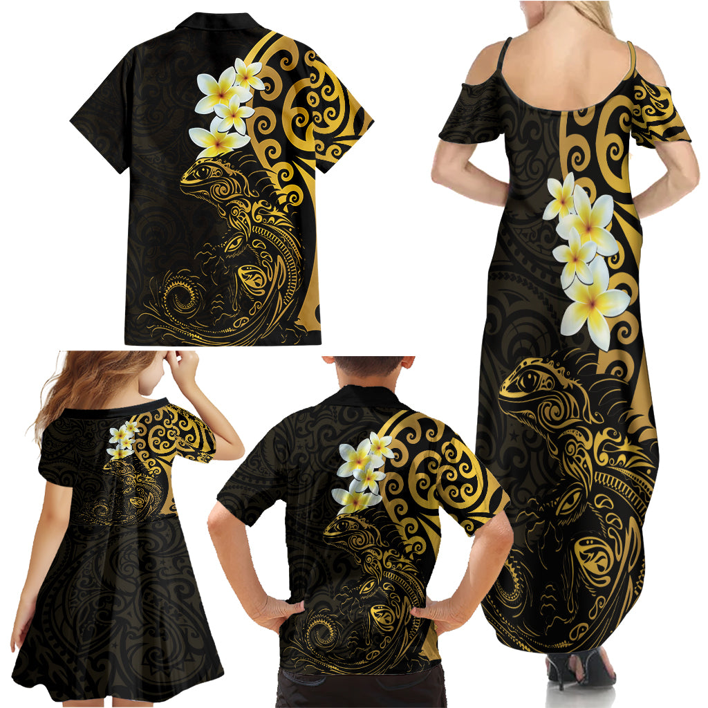 New Zealand Tuatara Plumeria Family Matching Summer Maxi Dress and Hawaiian Shirt Maori Gold Koru Tribal Tattoo LT01 - Polynesian Pride