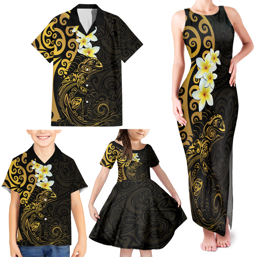 New Zealand Tuatara Plumeria Family Matching Tank Maxi Dress and Hawaiian Shirt Maori Gold Koru Tribal Tattoo LT01 - Polynesian Pride