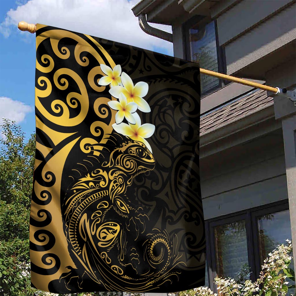 New Zealand Tuatara Plumeria Garden Flag Maori Gold Koru Tribal Tattoo