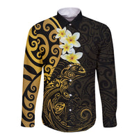 New Zealand Tuatara Plumeria Long Sleeve Button Shirt Maori Gold Koru Tribal Tattoo