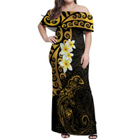 New Zealand Tuatara Plumeria Off Shoulder Maxi Dress Maori Gold Koru Tribal Tattoo