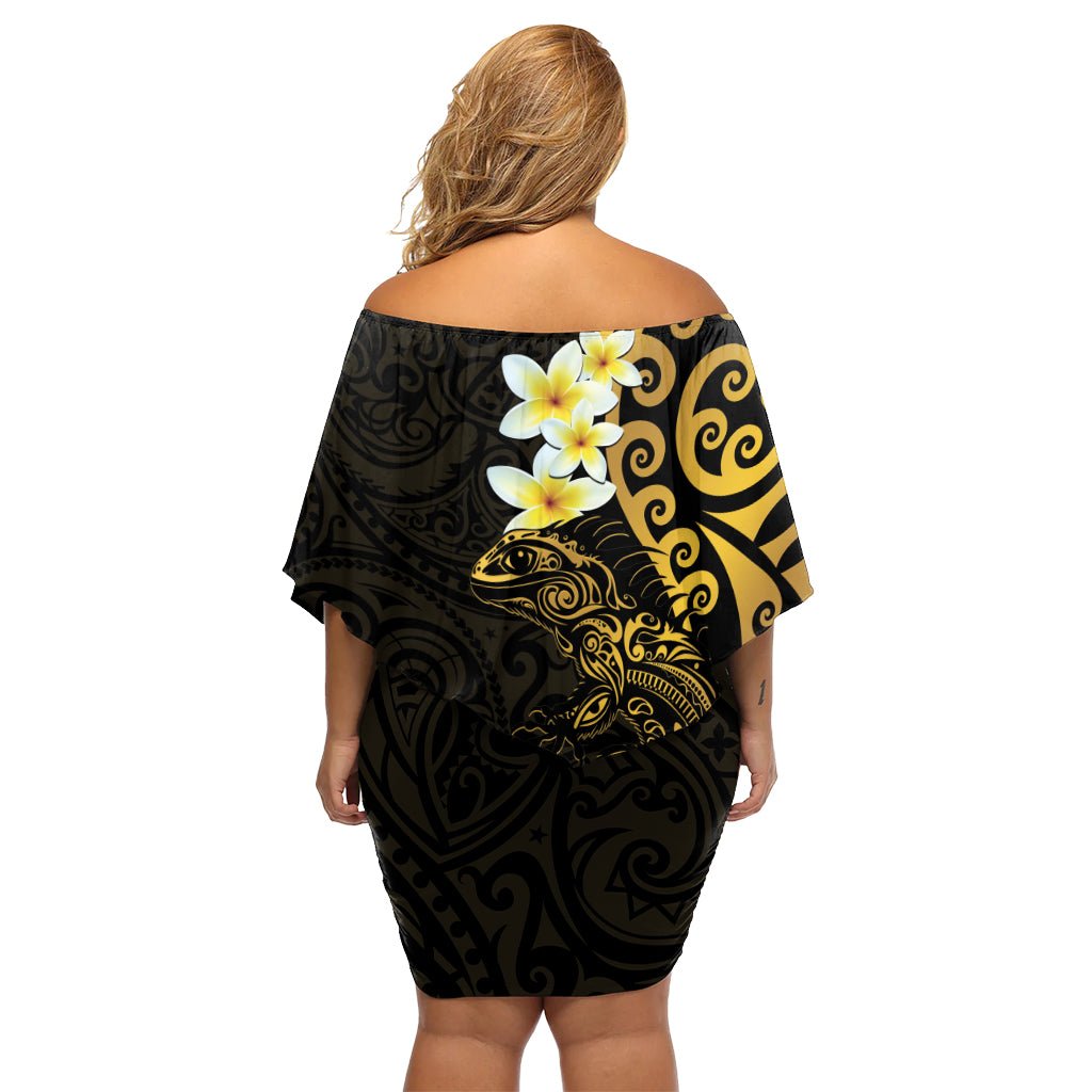 New Zealand Tuatara Plumeria Off Shoulder Short Dress Maori Gold Koru Tribal Tattoo