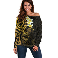 New Zealand Tuatara Plumeria Off Shoulder Sweater Maori Gold Koru Tribal Tattoo
