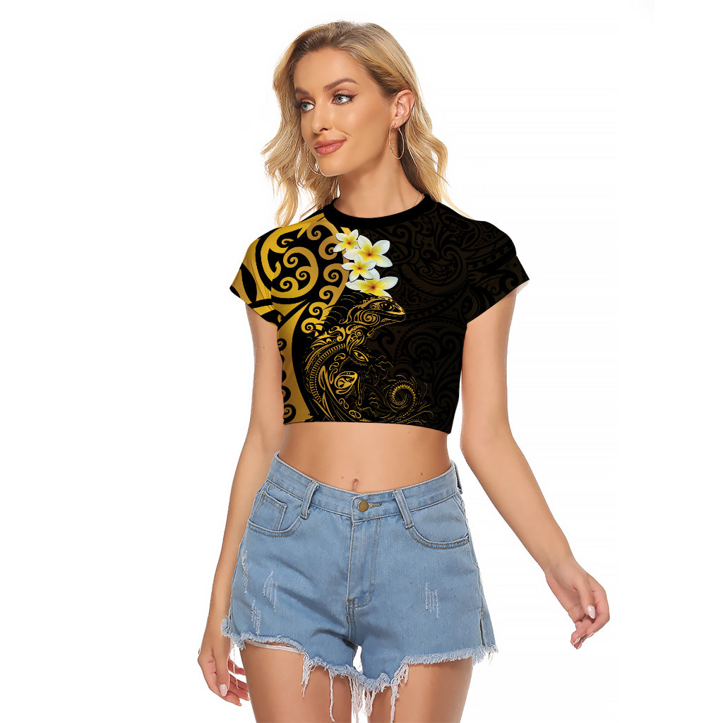 New Zealand Tuatara Plumeria Raglan Cropped T Shirt Maori Gold Koru Tribal Tattoo LT01 Female Gold - Polynesian Pride
