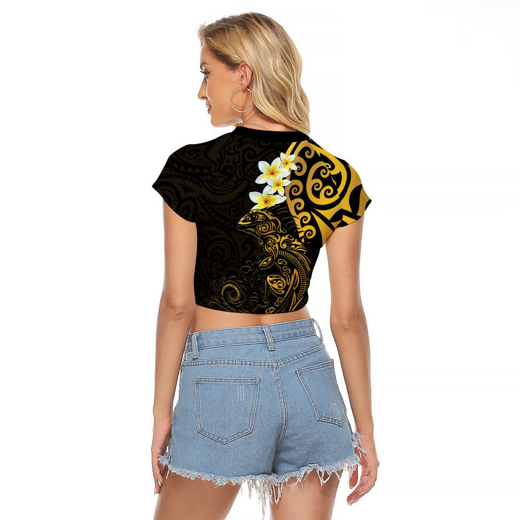 New Zealand Tuatara Plumeria Raglan Cropped T Shirt Maori Gold Koru Tribal Tattoo LT01 - Polynesian Pride
