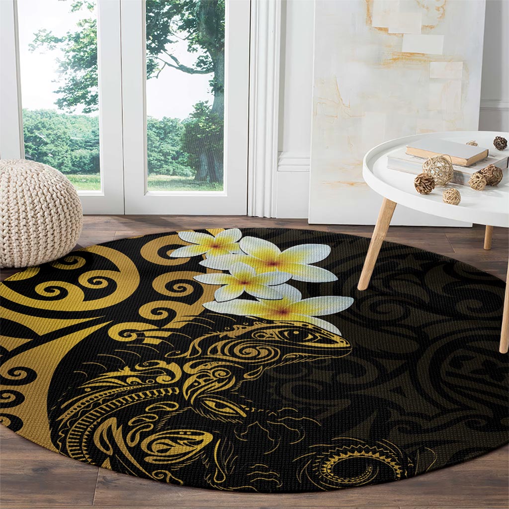 New Zealand Tuatara Plumeria Round Carpet Maori Gold Koru Tribal Tattoo