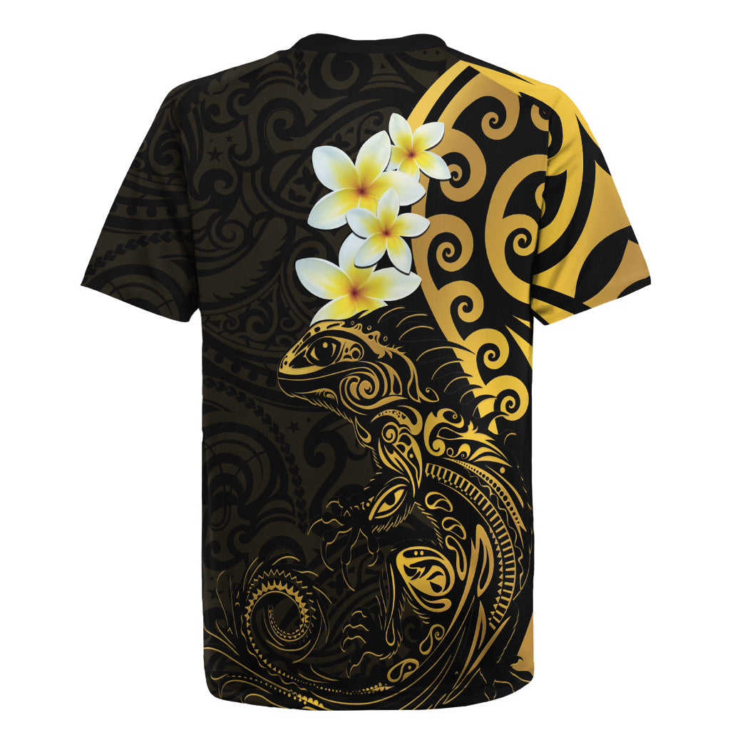 New Zealand Tuatara Plumeria Rugby Jersey Maori Gold Koru Tribal Tattoo