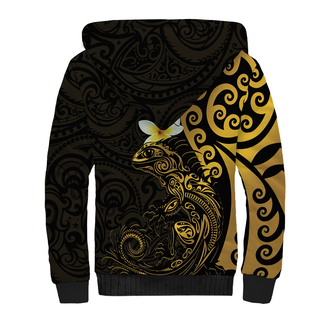 New Zealand Tuatara Plumeria Sherpa Hoodie Maori Gold Koru Tribal Tattoo