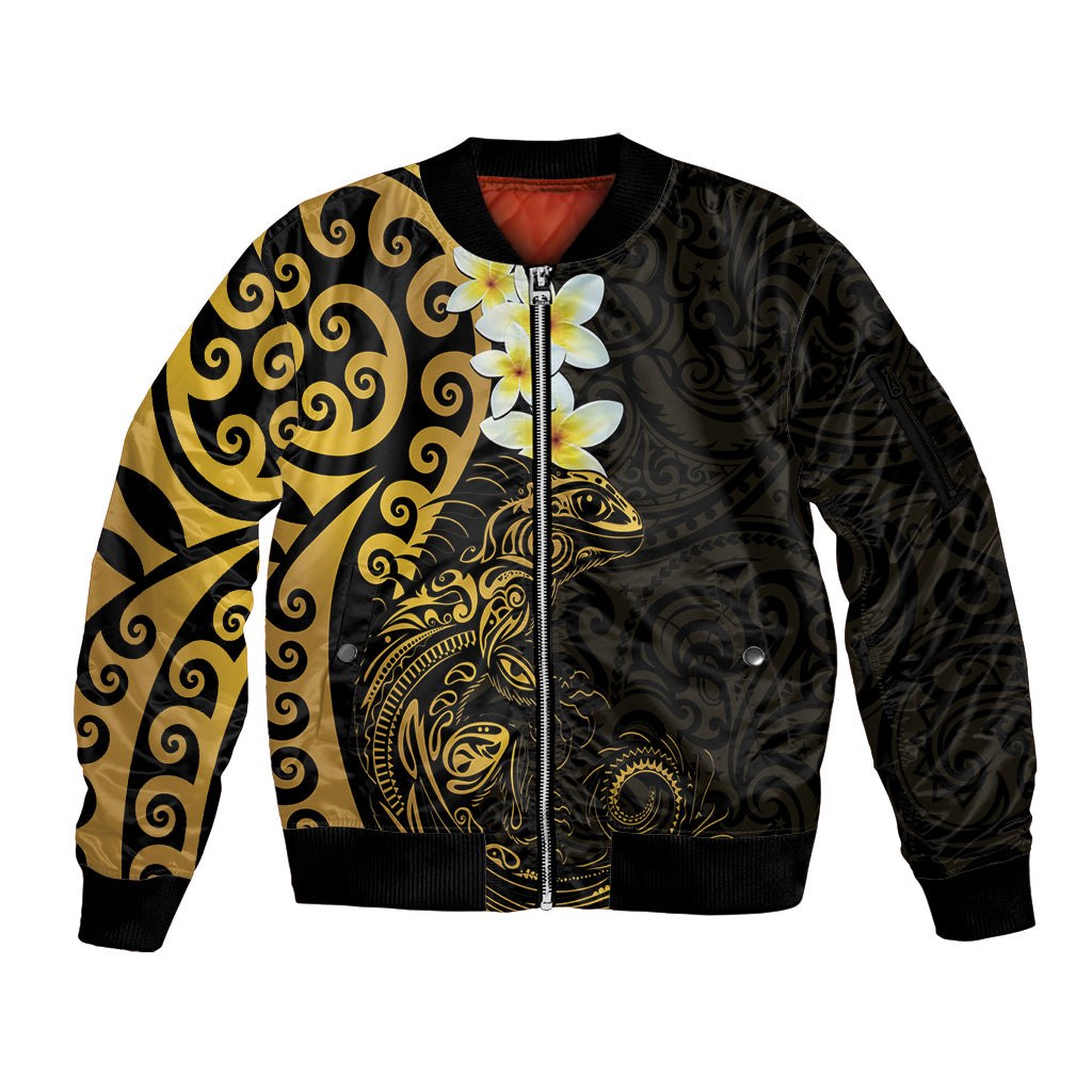 New Zealand Tuatara Plumeria Sleeve Zip Bomber Jacket Maori Gold Koru Tribal Tattoo
