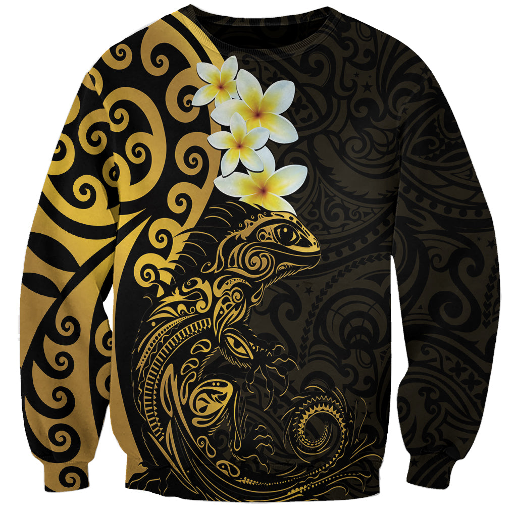 New Zealand Tuatara Plumeria Sweatshirt Maori Gold Koru Tribal Tattoo LT01 Unisex Gold - Polynesian Pride
