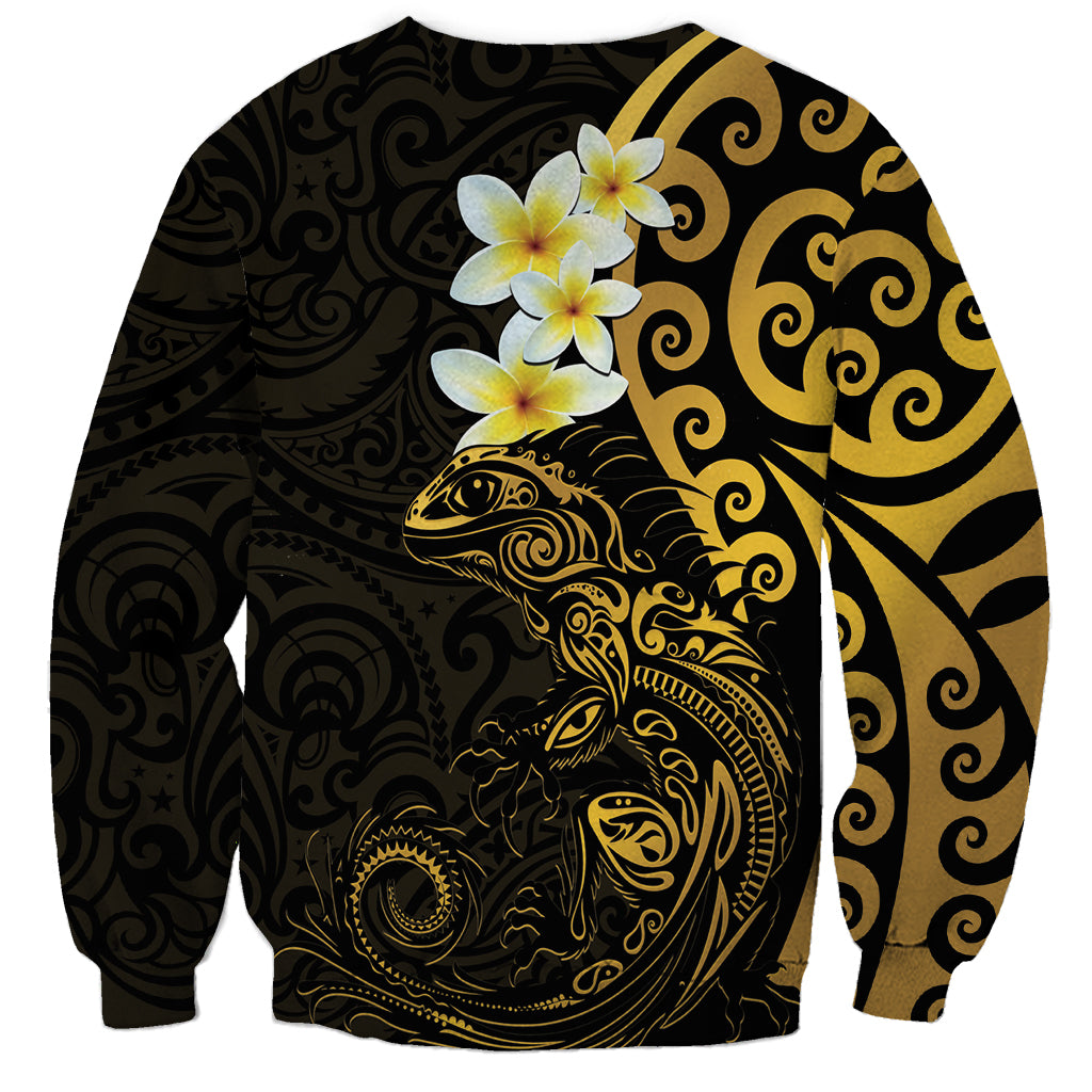 New Zealand Tuatara Plumeria Sweatshirt Maori Gold Koru Tribal Tattoo LT01 - Polynesian Pride